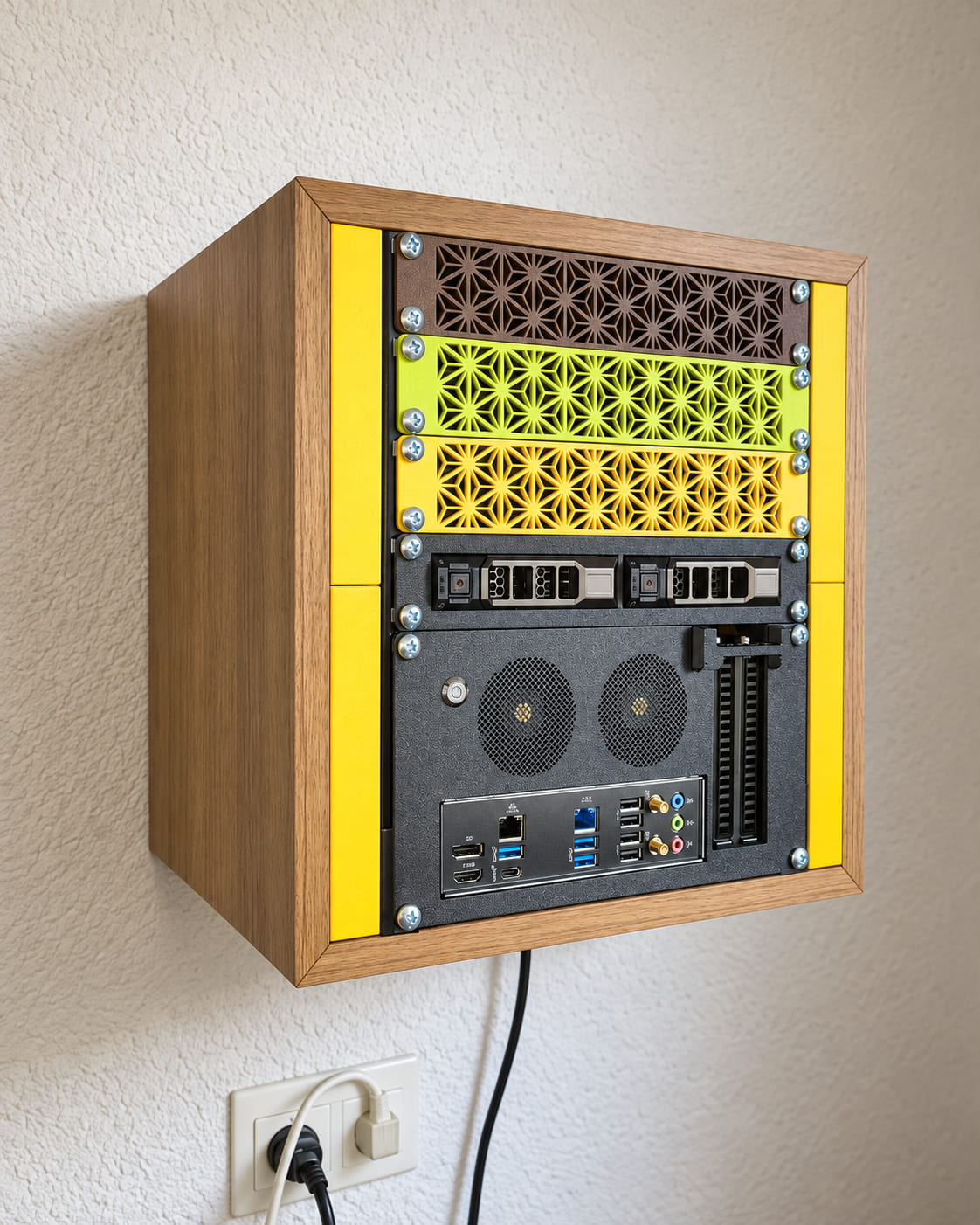 Rack Alpha prototype: an oak-framed compact server with yellow rails and patterned ventilation panels